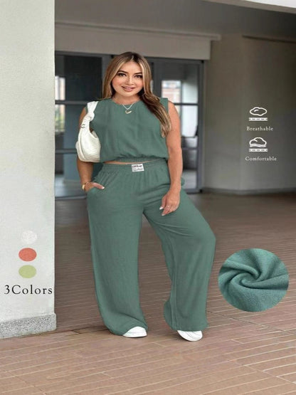 Two-Piece Set Women's Solid Color Tank Top & Wide Leg Pants Set, Casual Fashion Cozy Breathable Two-piece for Daily Outdoor Wear, Ladies Clothes for Summer, Suits - Seldom Seen Styles