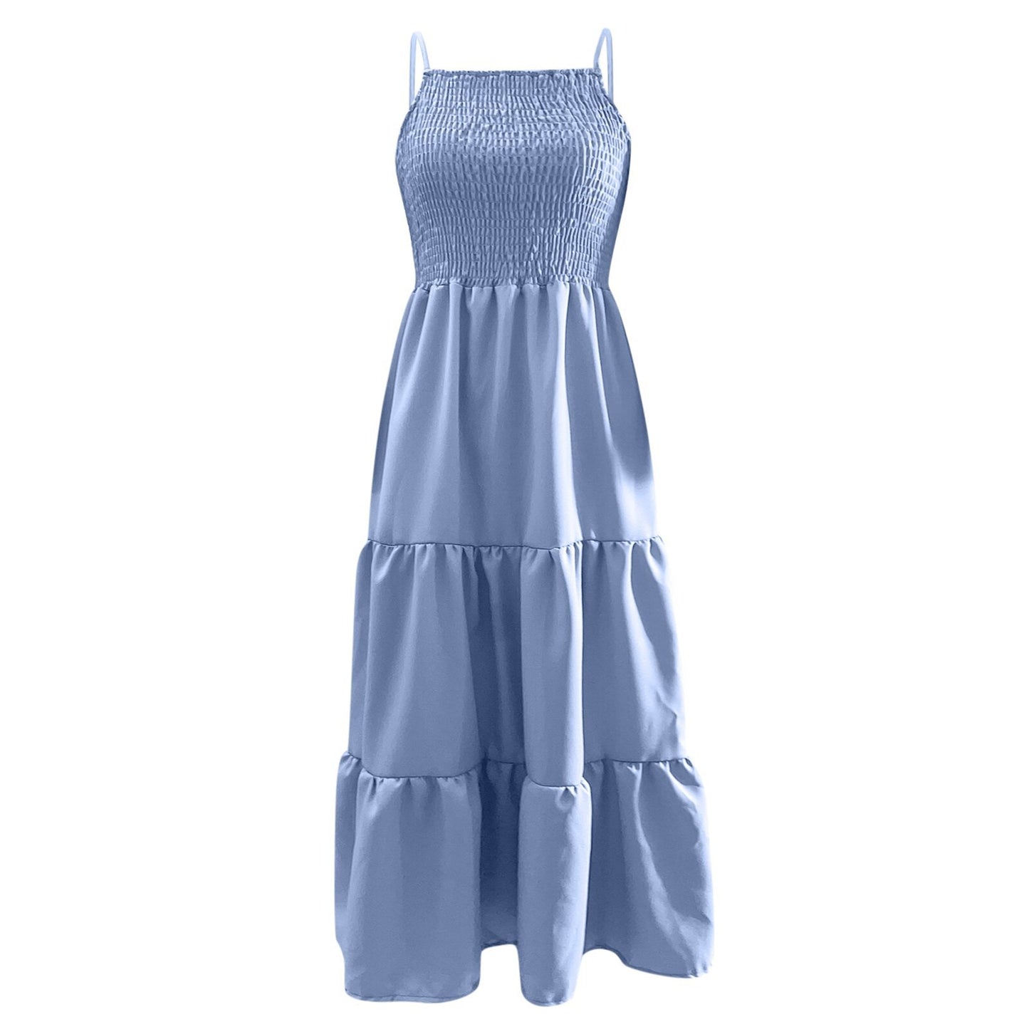 Women's Summer Midi Dress 2025 Casual Boho Sleeveless Spaghetti Strap Smocked Tiered Long Beach Sundresses