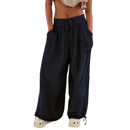 Womens Casual Loose Fit Wide Leg Cotton Pants Drawstring Stitching Baggy Pants Trousers with Pockets - Seldom Seen Styles