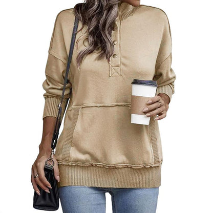 2025 Women's Fall Pullover Mockneck Button Down Ribbed Fit Lightweight Cozy Oversized Long Sleeve Sweatshirt Kangaroo Pocket for Everyday Wear - Seldom Seen Styles