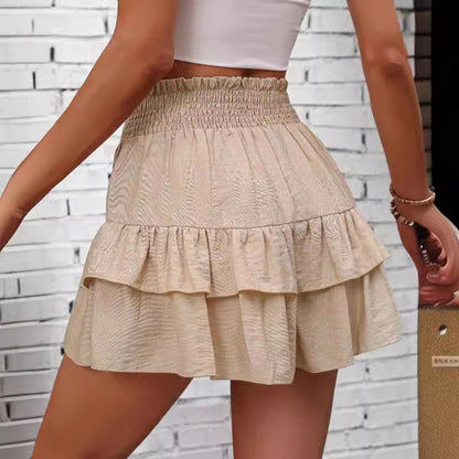 Women's Fabric Frill Trim Ruffle Hem Shirred High Waist Shorts, Fitted Basic Boho Relaxed Fit Casual Tiered Layer Shorts for Spring & Summer, Ladies Bottoms for Daily Wear, Elegance Vibe Womenswear, Minimalist Casual Fashionable Shorts - Seldom Seen Styles