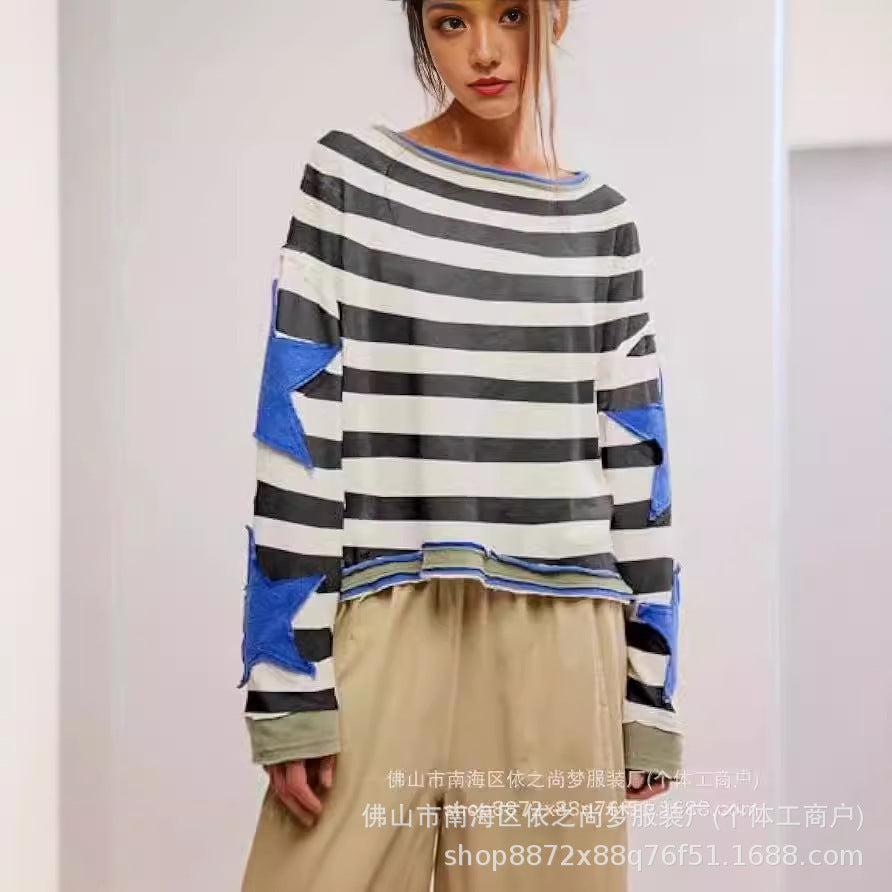 Women's Summer Loose T-Shirt Star Patch Long Sleeve Crew Neck Casual Tops Streetwear - Seldom Seen Styles