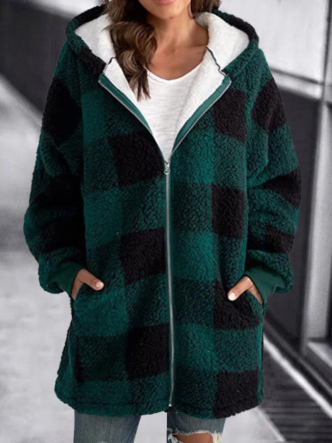 Women Oversized Hoodie Plaid Loose Overcoat - Seldom Seen Styles