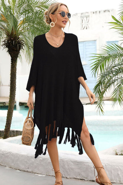 Fringe Trim Dolman Sleeve Openwork Cover Up - Seldom Seen Styles