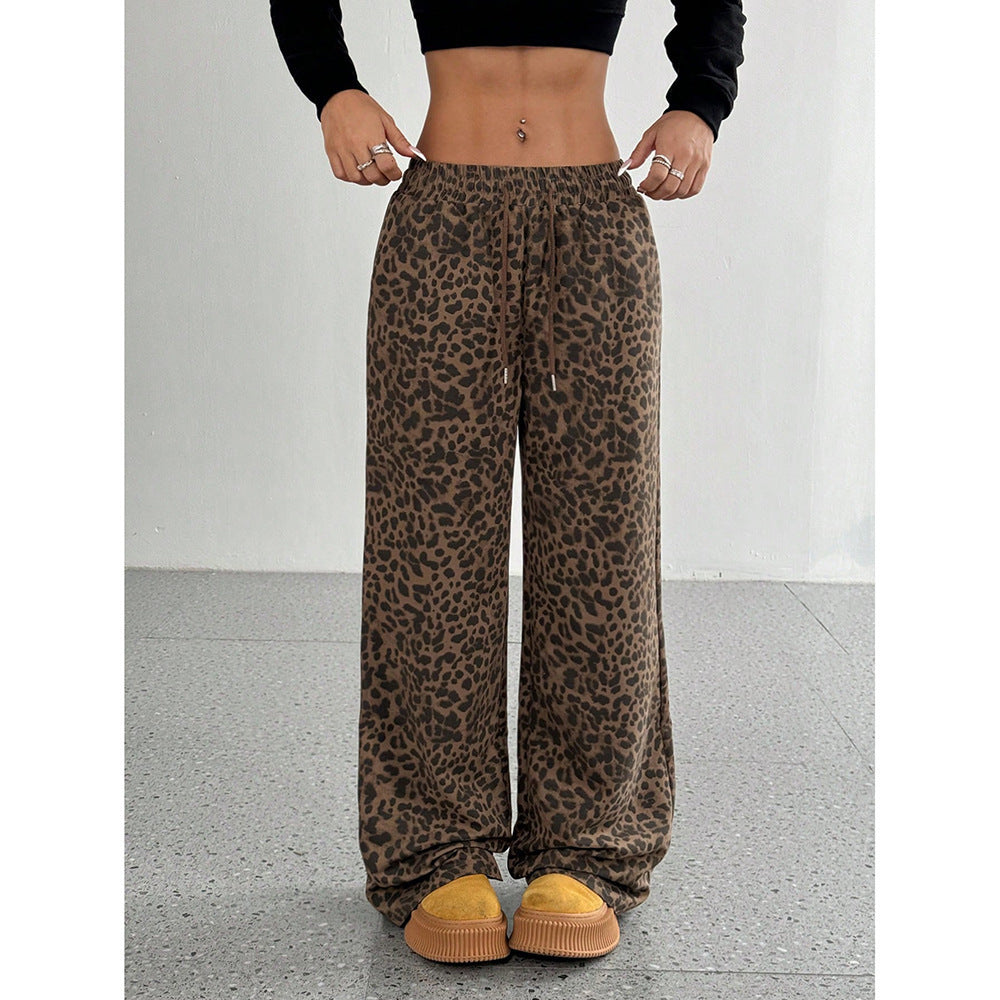 Women's Letter Leopard Print Straight Leg Pants Elastic Waist Y2K Trousers Bottoms with Pockets - Seldom Seen Styles