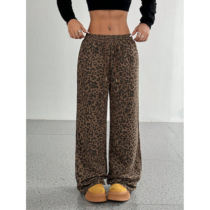 Women's Letter Leopard Print Straight Leg Pants Elastic Waist Y2K Trousers Bottoms with Pockets - Seldom Seen Styles