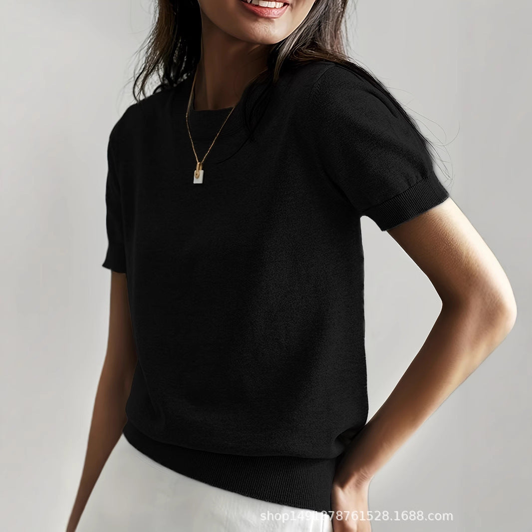 Women's Solid Color Crew Neck Short Sleeve Sweater, Chic Casual Basic Knit Pullover for Spring & Fall, Fashion Women's Knitwear for Daily Wear, Womenswear - Seldom Seen Styles