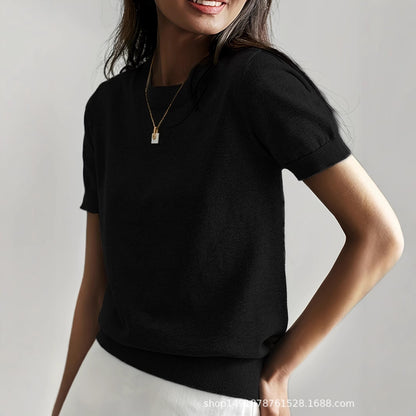 Women's Solid Color Crew Neck Short Sleeve Sweater, Chic Casual Basic Knit Pullover for Spring & Fall, Fashion Women's Knitwear for Daily Wear, Womenswear - Seldom Seen Styles