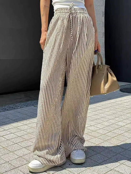Women Casual Drawstring Elastic Waist Striped Wide Leg Pants with Pockets - Seldom Seen Styles