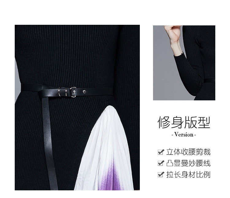 Reese Gradient Patchwork Pleated Midi Dress  Knitted Patchwork Gradient Color Pleated Slim Waist Large Swing Long Dress
