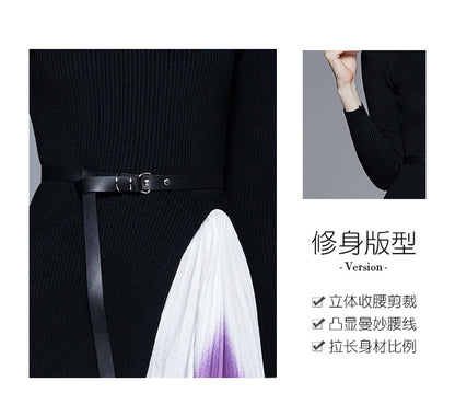 Reese Gradient Patchwork Pleated Midi Dress  Knitted Patchwork Gradient Color Pleated Slim Waist Large Swing Long Dress