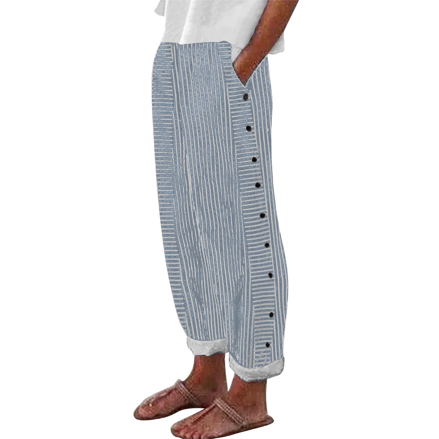 Linen Pants for Women Casual Straight Leg Elastic Waist Pants Stripe Print Beach Summer Pants with Pockets - Seldom Seen Styles