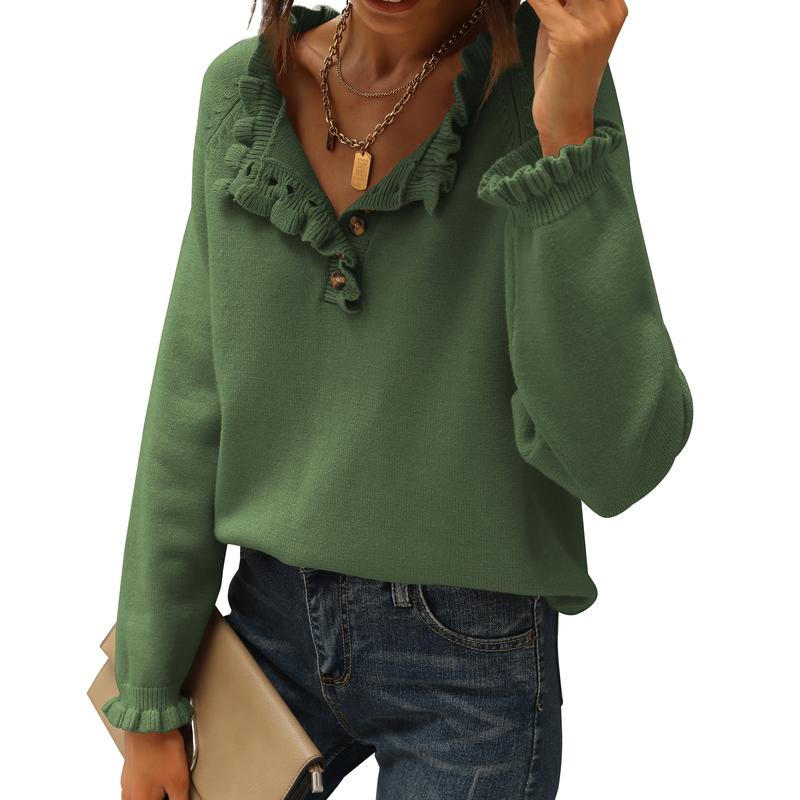 Women's Knit Pullover Sweater Tops - Casual Long Sleeve Button Down Crew Neck Ruffle Solid Color Striped - Knitwear, Womenswear - Seldom Seen Styles