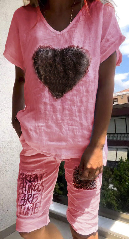 Linen Outfits Women 2 Piece Heart Sequins V-Neck Short Sleeve Top Loose Knee Length Pants 2025 Casual Set - Seldom Seen Styles