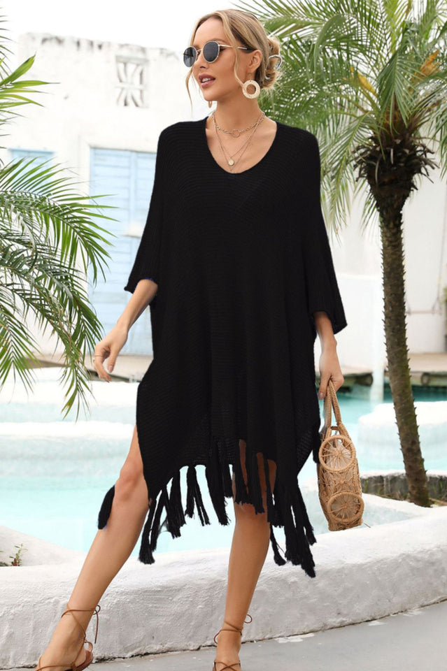 Fringe Trim Dolman Sleeve Openwork Cover Up - Seldom Seen Styles