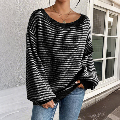 Women's Striped Drop Shoulder Sweater, Y2k Casual Bishop Sleeve Boat Neck Jumper Tops for Daily Outdoor Wear Back To School, Sweaters for Women, Ladies Knitwear for Fall, Fall Outfits, Fallfreshness, Preppy 80s Clothes - Seldom Seen Styles