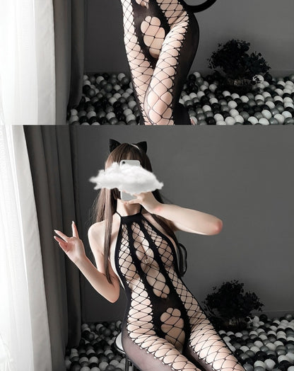 Women's Sexy OneSize Fishnet Halter Cut-Out Bodystocking Lingerie Black - Seldom Seen Styles