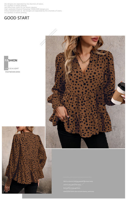 Leopard Print Blouse Shirts for Womens Black Polka Dots V Neck Long Sleeve Blouse Ruffle Flared Hem Babydoll Blouse