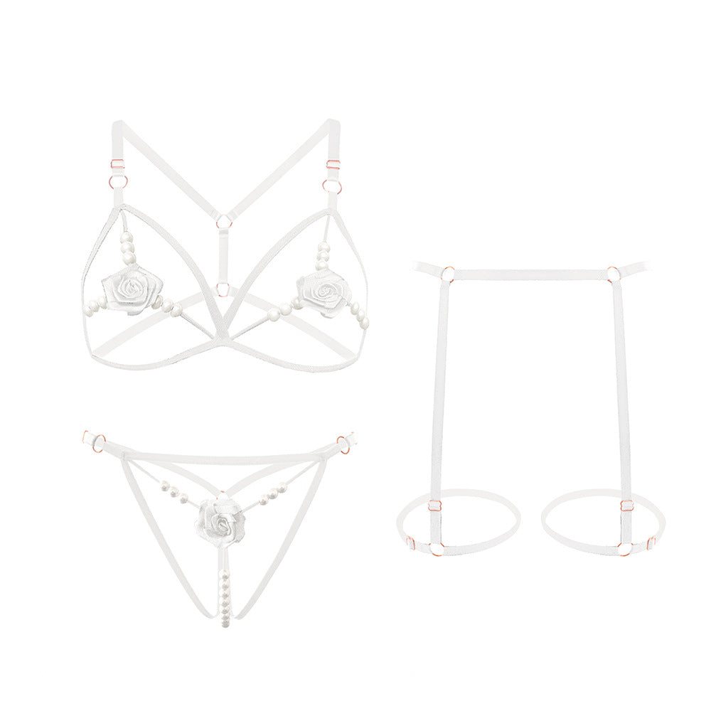 Romantic Rose Embroidered 3-Piece Lingerie Set with Sensory Pearls - T-Back Bra & Thong in 5 Colors - Seldom Seen Styles
