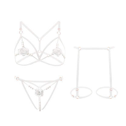 Romantic Rose Embroidered 3-Piece Lingerie Set with Sensory Pearls - T-Back Bra & Thong in 5 Colors - Seldom Seen Styles