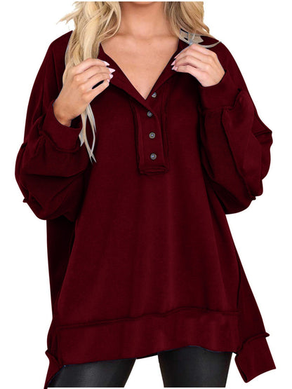 Women's Oversized Sweatshirts Casual Long Sleeve Button Henley Collar Purple Pullover Tunic Tops 2025 Womenswear Fall Winter Outfits - Seldom Seen Styles