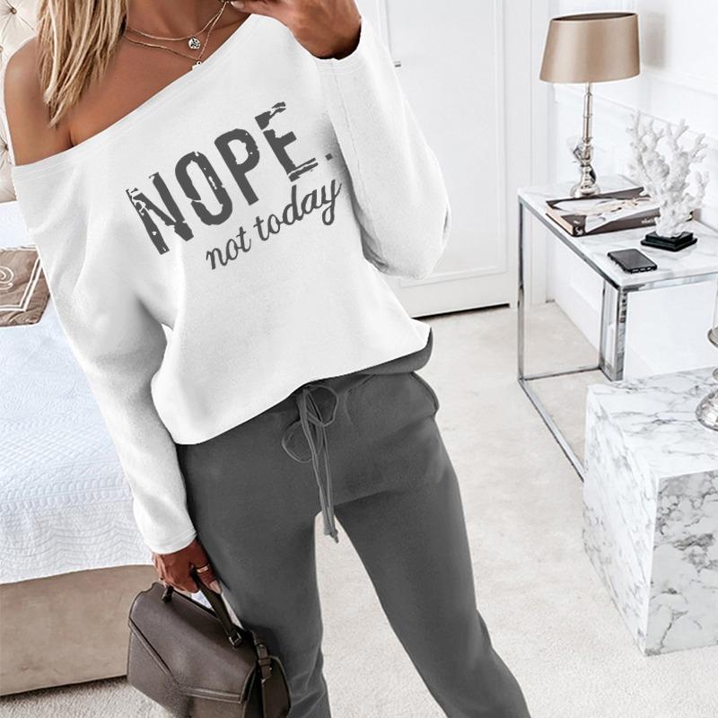Women's 2 Piece Outfit Nope Not Today Print Skew Neck Long Sleeve Pullover Top with Stretchy Waist Long Pants Tracksuit Jogger Set - Seldom Seen Styles