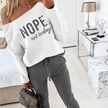Women's 2 Piece Outfit Nope Not Today Print Skew Neck Long Sleeve Pullover Top with Stretchy Waist Long Pants Tracksuit Jogger Set - Seldom Seen Styles