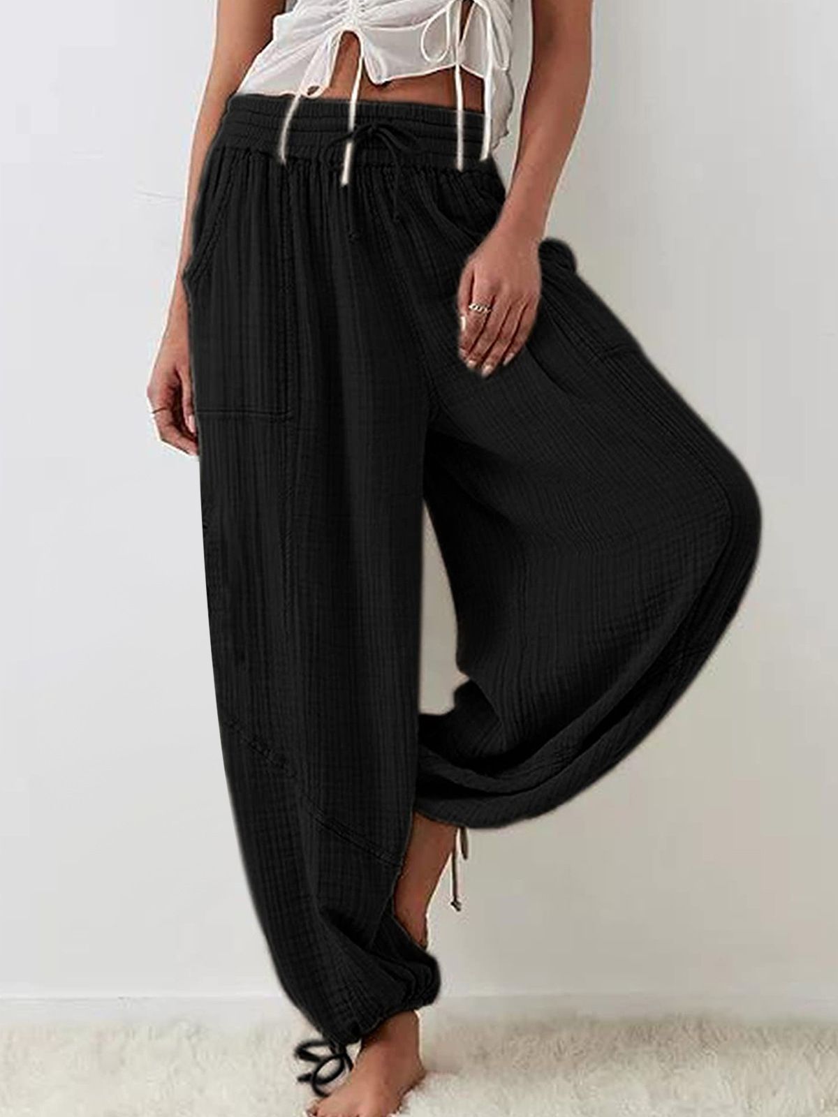 Womens Casual Loose Fit Wide Leg Cotton Pants Drawstring Stitching Baggy Pants Trousers with Pockets - Seldom Seen Styles