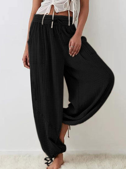 Womens Casual Loose Fit Wide Leg Cotton Pants Drawstring Stitching Baggy Pants Trousers with Pockets - Seldom Seen Styles
