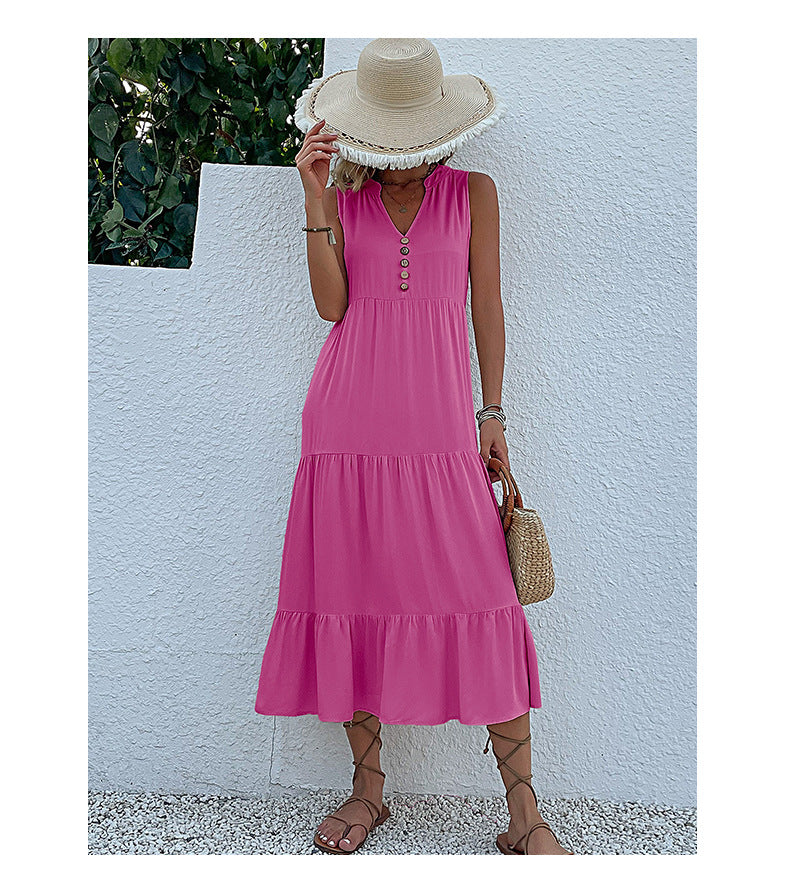 Summer Flowy Maxi Dress with Pockets Sleeveless Loose Casual Sundress V-Neck Tiered Sun Dress for Beach Cruise Vacations