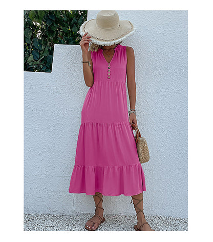 Summer Flowy Maxi Dress with Pockets Sleeveless Loose Casual Sundress V-Neck Tiered Sun Dress for Beach Cruise Vacations