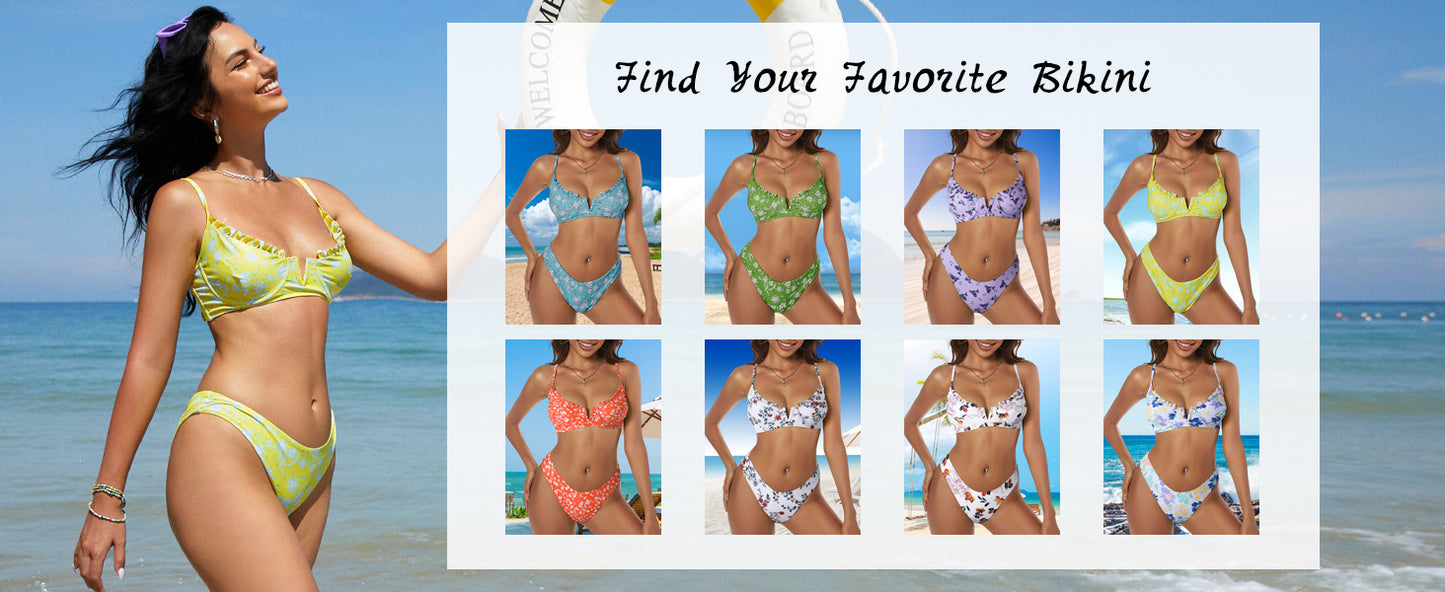 Women's Underwire Bikini Floral High Cut Bikini Set V-Wired Two Piece Swimsuit Bathing Suit