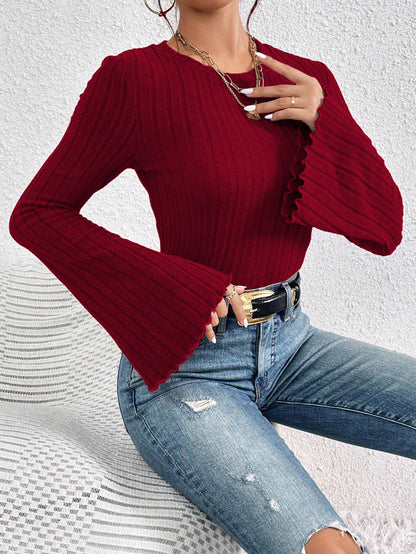 Women's Bell Sleeve Crop Tops Dressy Casual Crewneck Lettuce Trim Ribbed Fitted Shirts - Seldom Seen Styles