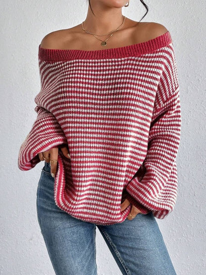 Women's Striped Drop Shoulder Sweater, Y2k Casual Bishop Sleeve Boat Neck Jumper Tops for Daily Outdoor Wear Back To School, Sweaters for Women, Ladies Knitwear for Fall, Fall Outfits, Fallfreshness, Preppy 80s Clothes - Seldom Seen Styles