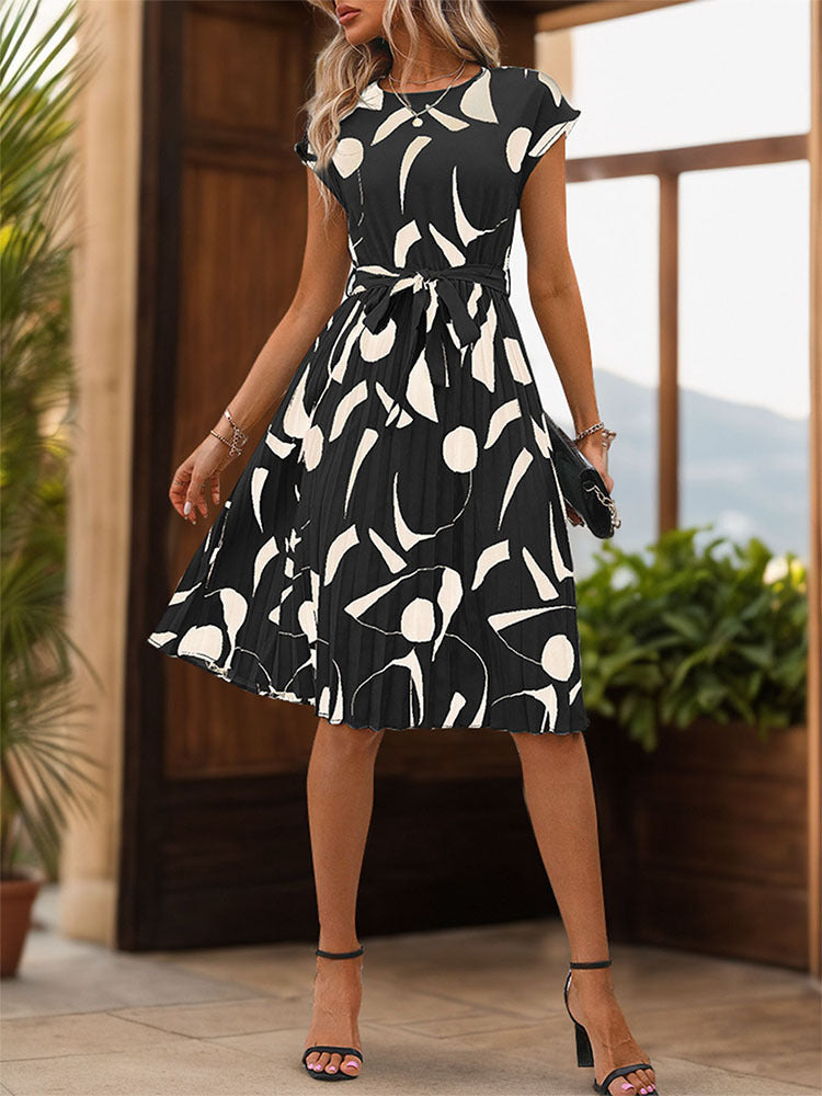 Floral Dress for Women Wedding Guest Crewneck Short Sleeve Casual Summer Dress Tie Waist Midi Flowy Boho Beach Dresses
