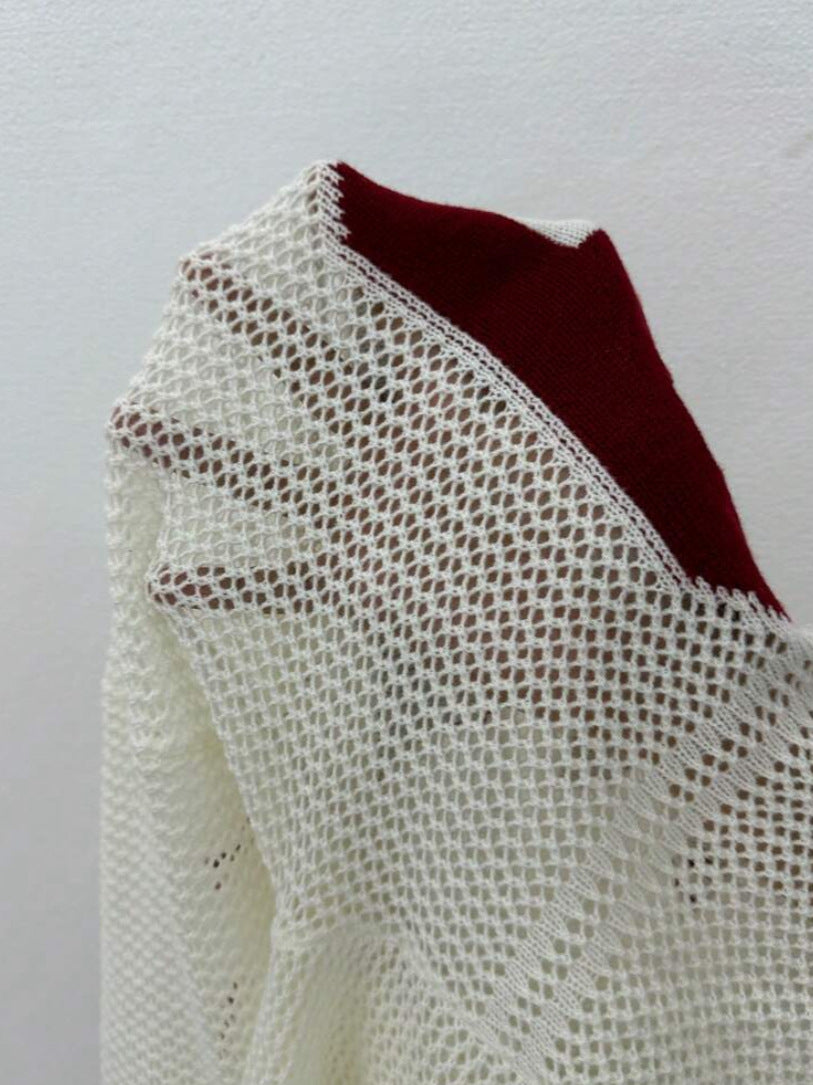 Women's Colorblock Figure Pattern Hollow Out Knitting Sweater, Casual Street Retro Fashion Long Sleeve Pullover for Daily Wear, Ladies Knitwear for Summer, Baggy Top, Womenswear, Longsleeves - Seldom Seen Styles