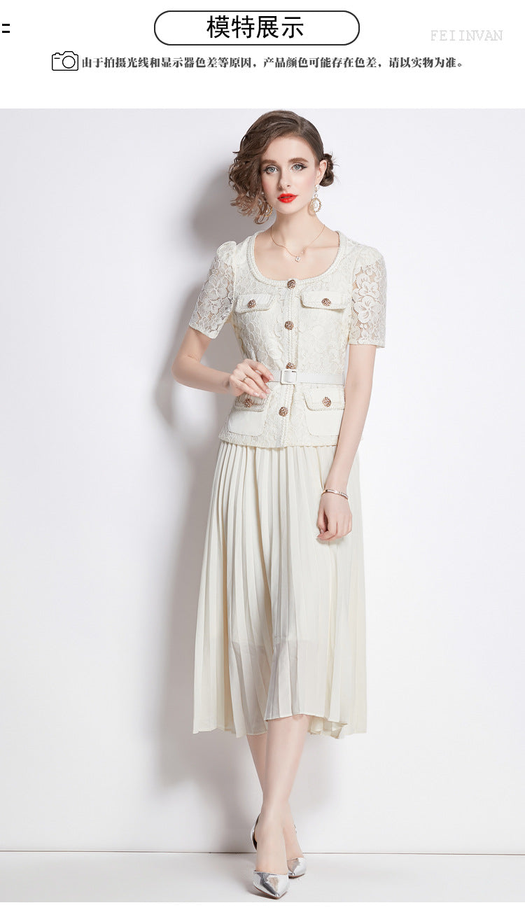 Bella Lace Patchwork Pleated Midi Dress  Patchwork Mid-Length Pleated Dress