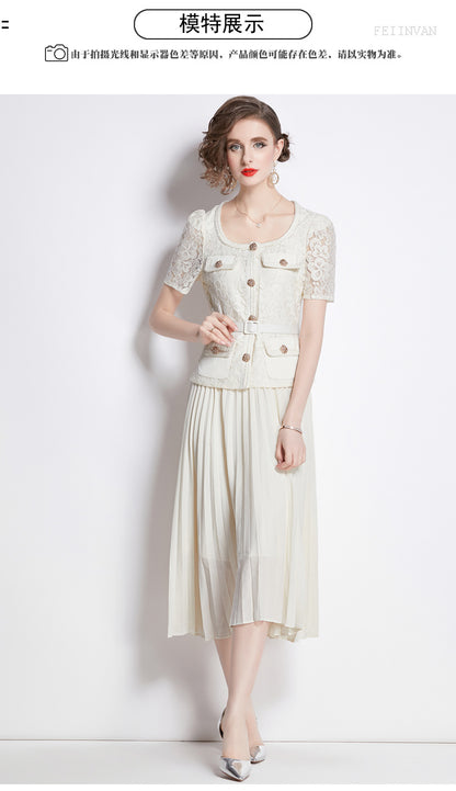 Bella Lace Patchwork Pleated Midi Dress  Patchwork Mid-Length Pleated Dress