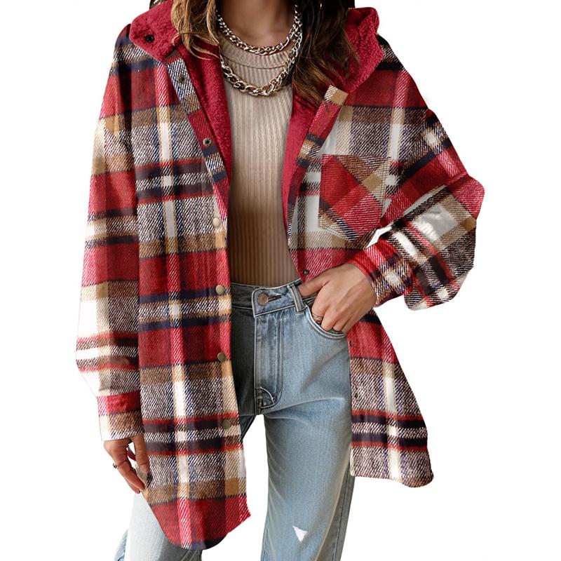Women's Flannel Hooded Plaid 2025 Shacket Thick Coat Winter Coat for Warmth Button down Warm and Fuzzy Fleece Jacket - Seldom Seen Styles