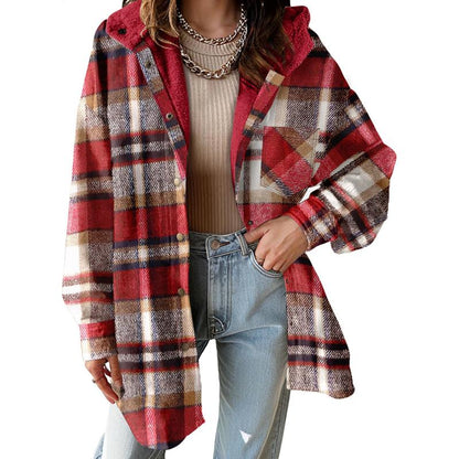 Women's Flannel Hooded Plaid 2025 Shacket Thick Coat Winter Coat for Warmth Button down Warm and Fuzzy Fleece Jacket - Seldom Seen Styles