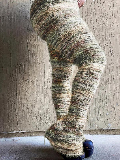 Women's Striped Print Flare Leg Fuzzy Sweater Pants, Casual Street Comfy Knit Bell Bottom Trousers For Fall & Winter, Women's Knitwear For Daily Wear - Seldom Seen Styles