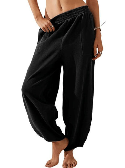 Womens Baggy Wide Leg Pants Casual Elastic Waisted Palazzo Harem Pants with Pockets Baggy Sweatpants Teacher Outfits Bohemian Trousers Loose Wideleg Bottom - Seldom Seen Styles