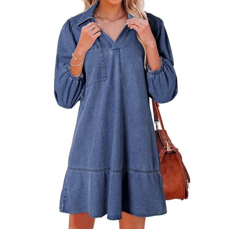 Denim Dress for Women Fashion Fall Casual Babydoll 2025 V Neck 3/4 Puff Sleeve Jean Dresses - Seldom Seen Styles