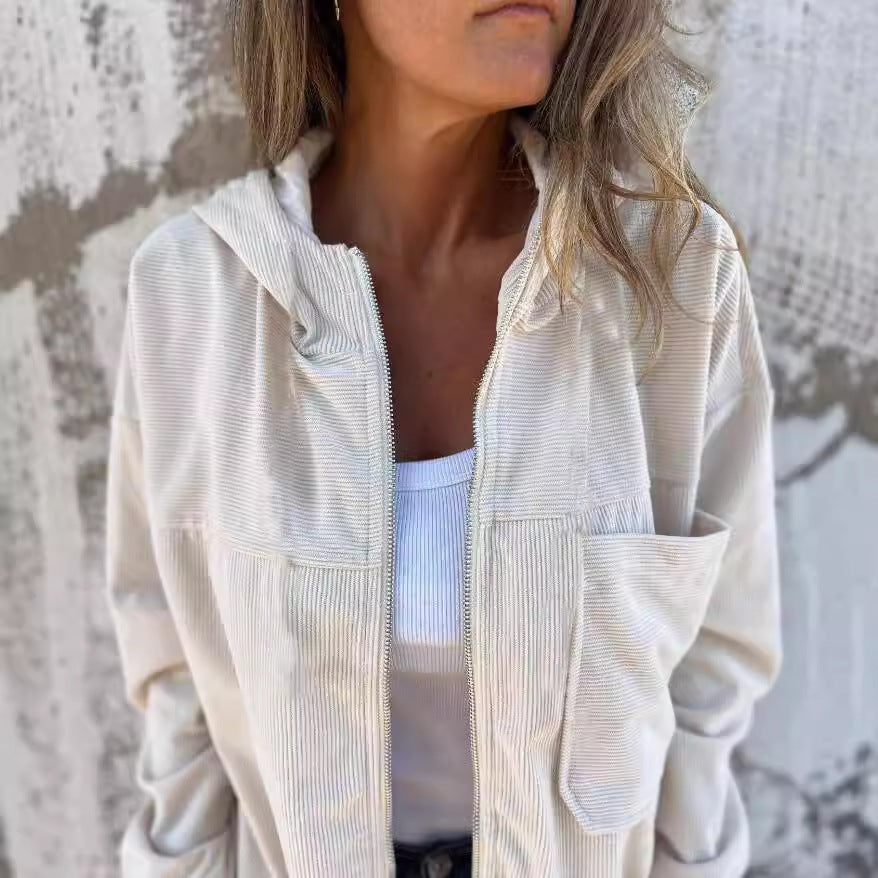 Corduroy Drawstring Hooded Pocket Zip Up Jacket Loose Shacket Coat - Seldom Seen Styles