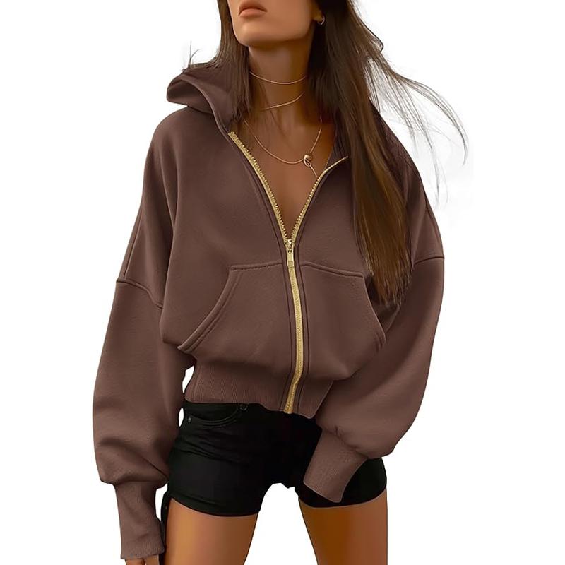 Women's Gold Zipper Hoodie Long Sleeve Fleece Y2K Style Casual Sweatshirt with Pockets for Fall Winter Clothes - Seldom Seen Styles