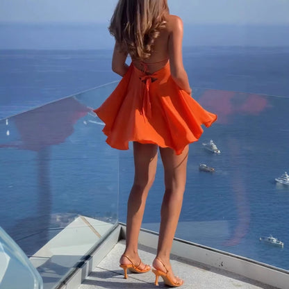 Women's Summer Halter Backless Mini Dress, Sexy A-Line Sleeveless Hollow Out Dress, Beach Vacation Casual Wear, Halloween - Seldom Seen Styles