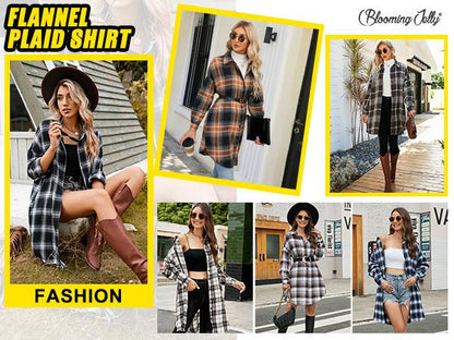 Women's Button Down Flannel Shirts Plaid Shacket Long Sleeve Collared Long Jacket Coats #Springtok - Seldom Seen Styles