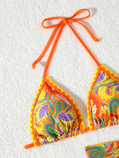 Women's Bikini Sets 2 Piece Halter Triangle Allover Print Swimsuit Set Boho Knot Side Bathing Suit Set