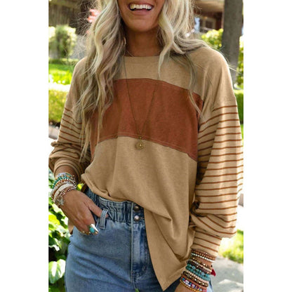 Long Sleeve Fall Tops Oversized 2025 Trendy Round Crew Neck Casual Color Block Womens Shirts Blouses - Seldom Seen Styles