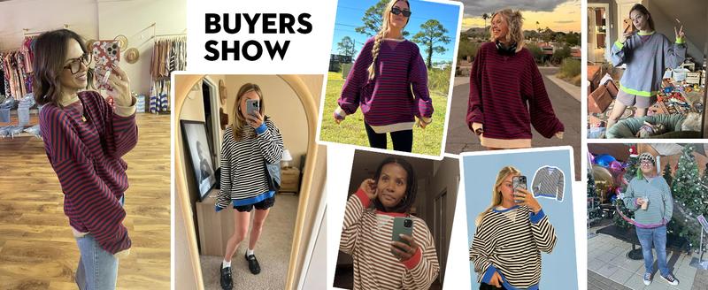 【Up To 3XL】Fisace Christmas Womenswear Striped Oversized Sweatshirt Color Block Crew Neck Long Sleeve Shirt Casual Loose Pullover Top Y2K Clothes back to school